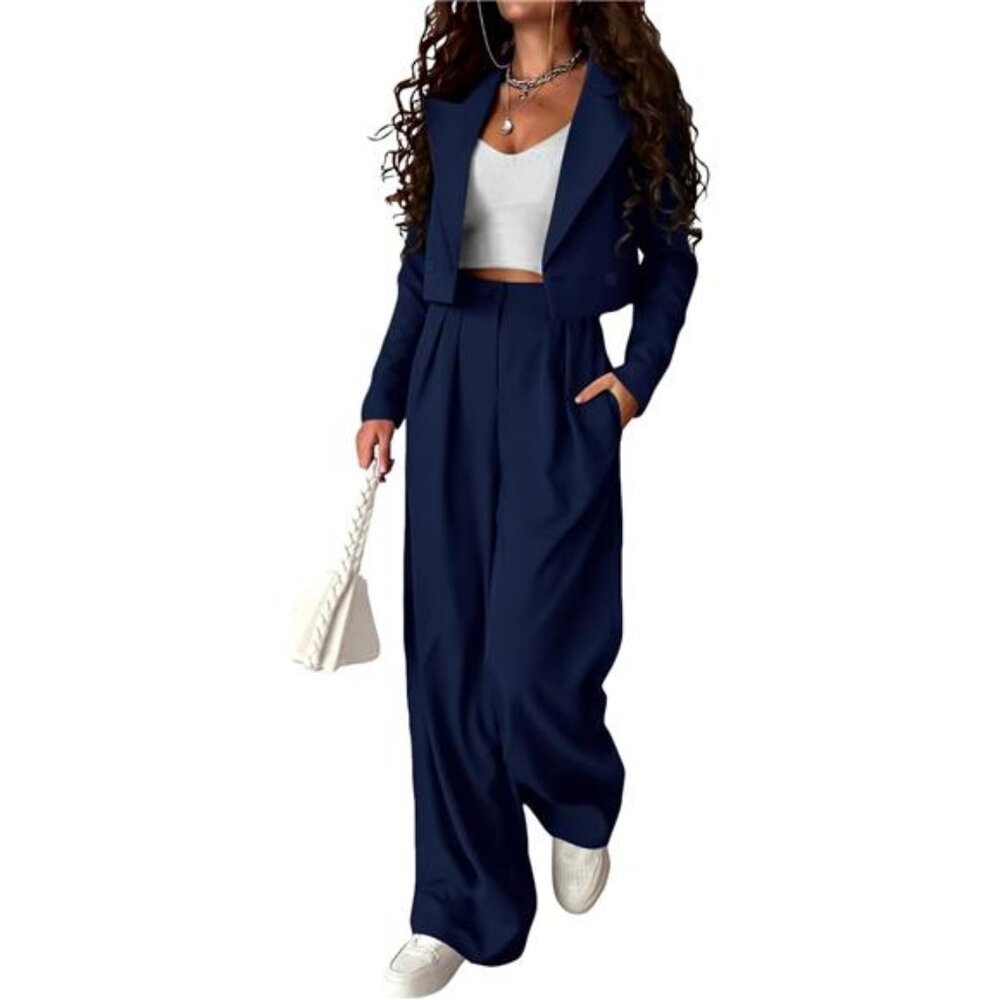 Women's 2 Piece Casual Outfits Cropped Blazer Jackets High Waisted
